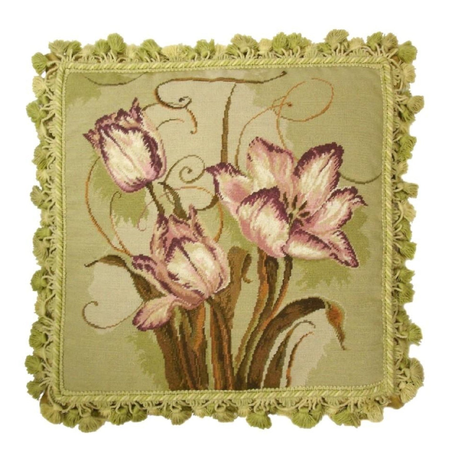 Handmade Wool Needlepoint Pillow Cover - Decorative Throw Cushion Cover - Vintage Floral Embroidery Design  Kathryn White designtulip trumeau with tassel