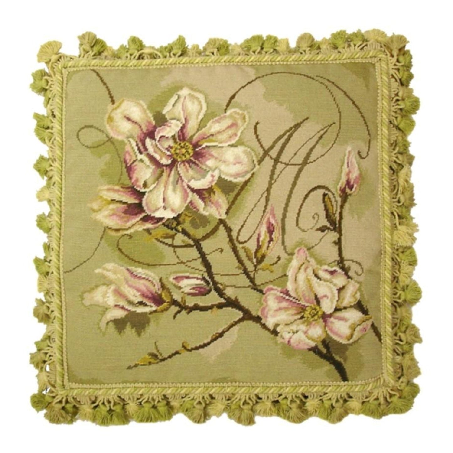 Handmade Wool Needlepoint Pillow Cover - Decorative Throw Cushion Cover - Vintage Floral Embroidery Design  Kathryn White designMagnolia Trumeau with tassel