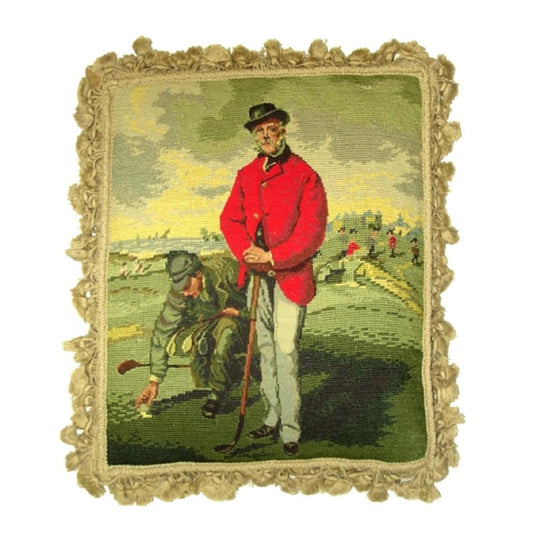 Handmade Wool Needlepoint Pillow Cover - Decorative Throw Cushion Cover - Vintage Floral Embroidery Design Uncle Tom golfers background with tassels