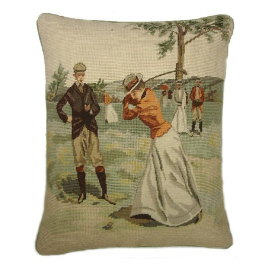 Handmade Wool Needlepoint Pillow Cover - Decorative Throw Cushion Cover - Vintage Floral Embroidery Design  background Golfer