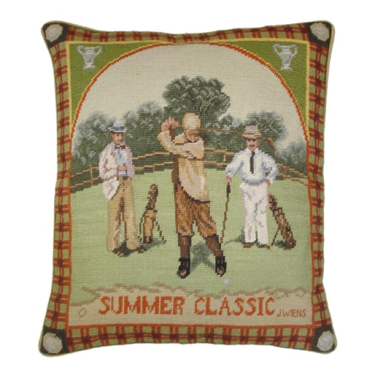 Handmade Wool Needlepoint Pillow Cover - Decorative Throw Cushion Cover - Vintage Floral Embroidery Design James Wiens Summer Classic men golf