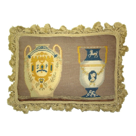 Handmade Wool Needlepoint Pillow Cover - Decorative Throw Cushion Cover - Vintage Floral Embroidery Design  French antique Napoleon Bonaparte vases with tassels