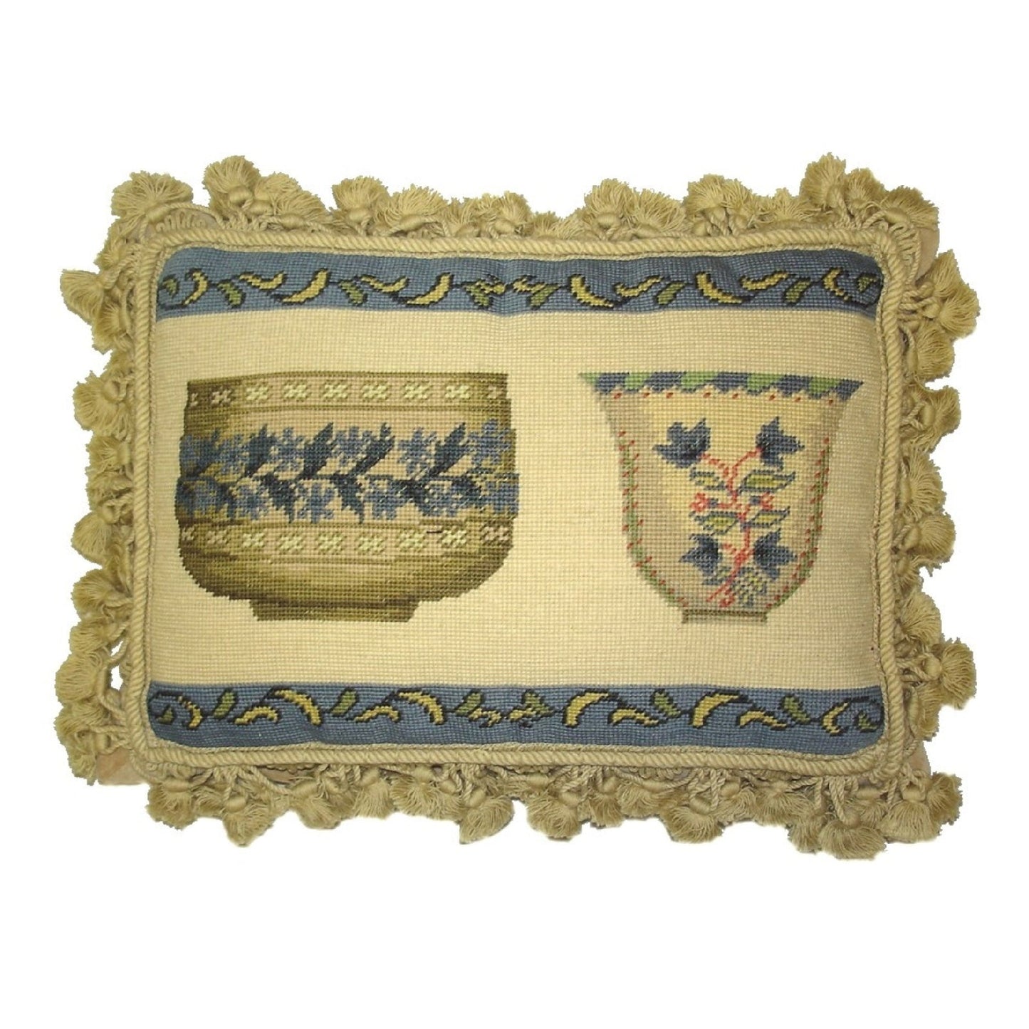 Handmade Wool Needlepoint Pillow Cover - Decorative Throw Cushion Cover - Vintage Floral Embroidery Design  French antique bowl set with tassels