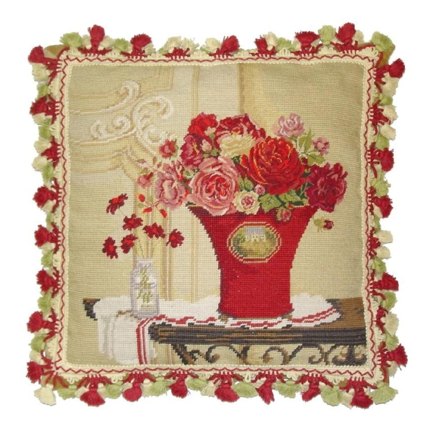 Handmade Wool Needlepoint Pillow Cover - Decorative Throw Cushion Cover - Vintage Floral Embroidery Design  Kathryn White Design b