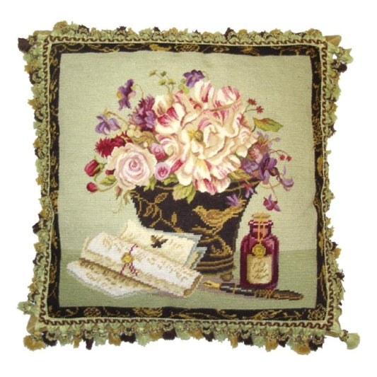 Handmade Wool Needlepoint Pillow Cover - Decorative Throw Cushion Cover - Vintage Floral Embroidery Design  Kathryn White Design g