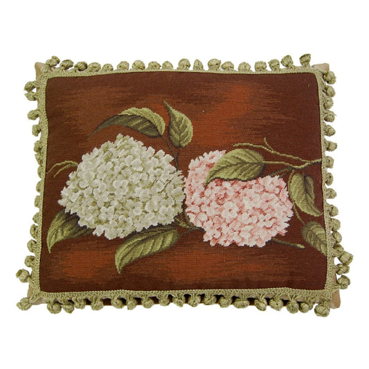 Handmade Wool Needlepoint Pillow Cover - Decorative Throw Cushion Cover - Vintage Floral Embroidery Design  brown background pink & green hydrangea with tassels