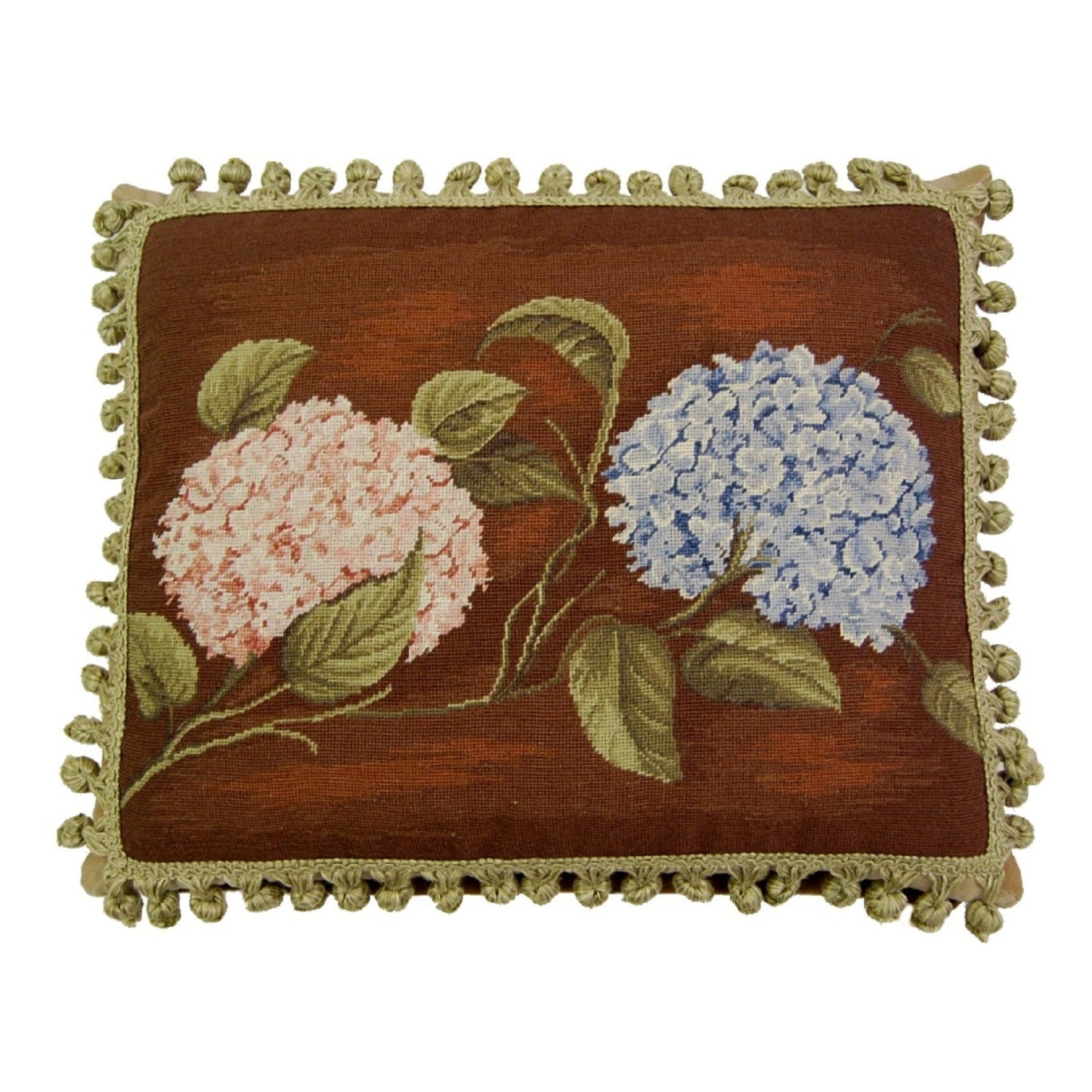 Handmade Wool Needlepoint Pillow Cover - Decorative Throw Cushion Cover - Vintage Floral Embroidery Design  brown background pink & blue hydrangea with tassels