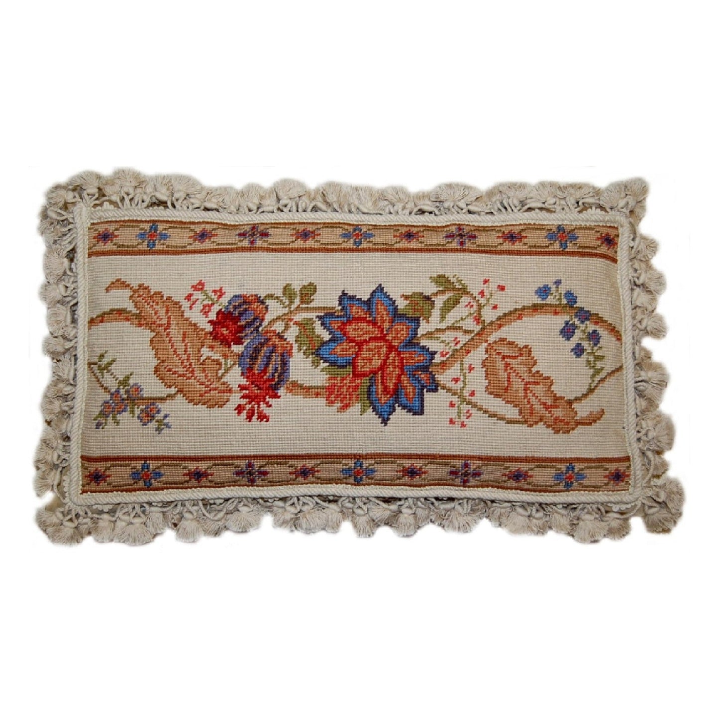 Handmade Wool Needlepoint Pillow Cover - Decorative Throw Cushion Cover - Vintage Floral Embroidery Design ginger flowers with nature tassels