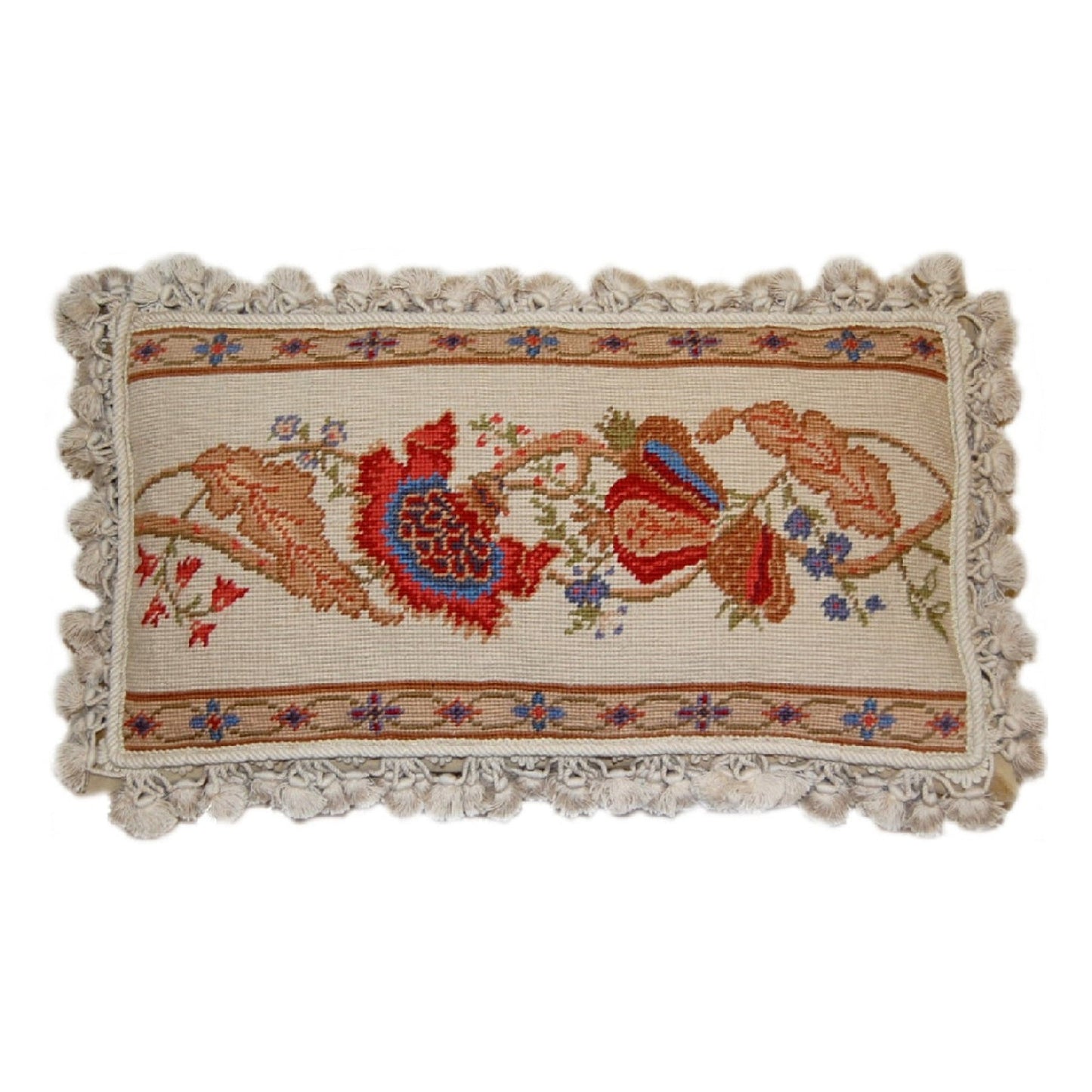 Handmade Wool Needlepoint Pillow Cover - Decorative Throw Cushion Cover - Vintage Floral Embroidery Design ginger flower with nature tassels