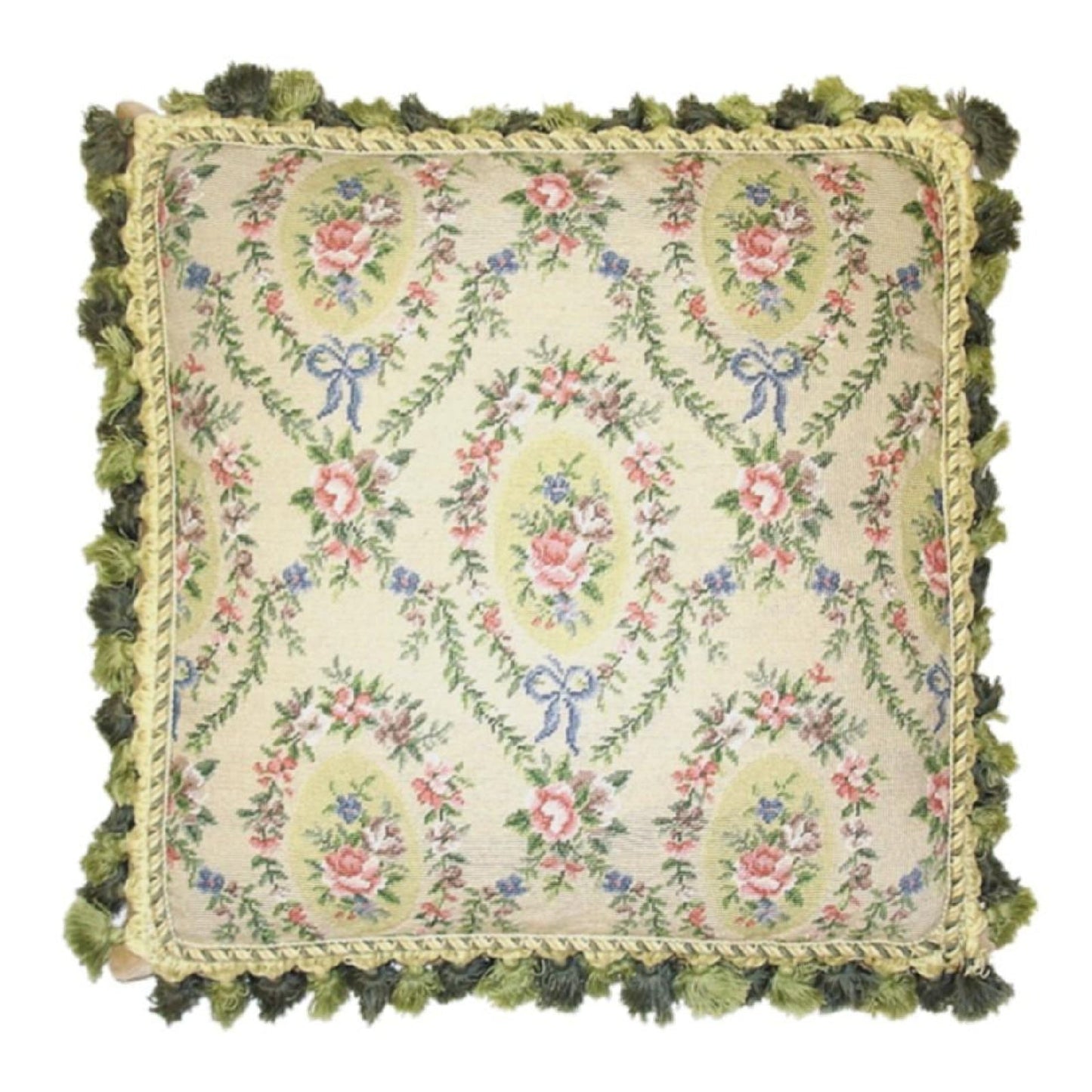 Handmade Wool Needlepoint Pillow Cover - Decorative Throw Cushion Cover - Vintage Floral Embroidery Design  oval shape roses in the leave frame with 2 tone green tassel