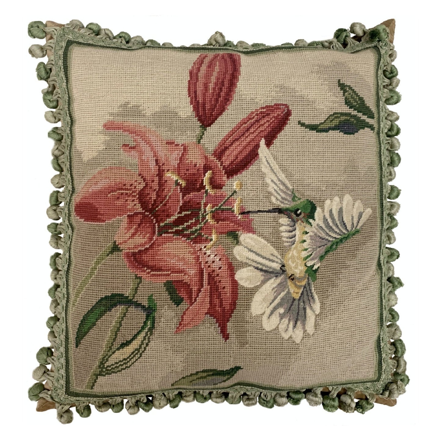 Handmade Wool Needlepoint Pillow Cover - Decorative Throw Cushion Cover - Vintage Floral Embroidery Designhumming bird at side of pink lily with 2 color tassel