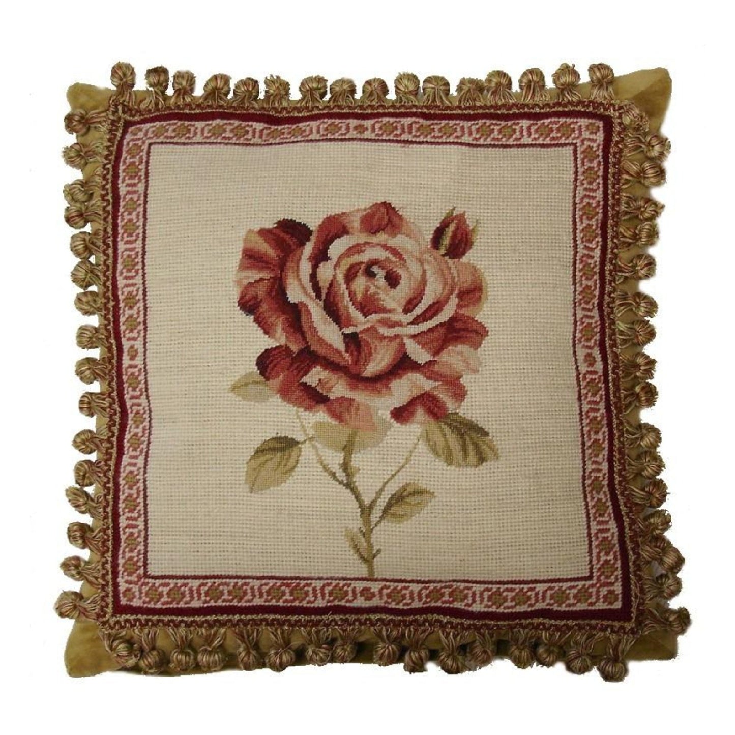 Handmade Wool Needlepoint Pillow Cover - Decorative Throw Cushion Cover - Vintage Floral Embroidery Design redRose Lauren Hamlton design with 2 color tassel