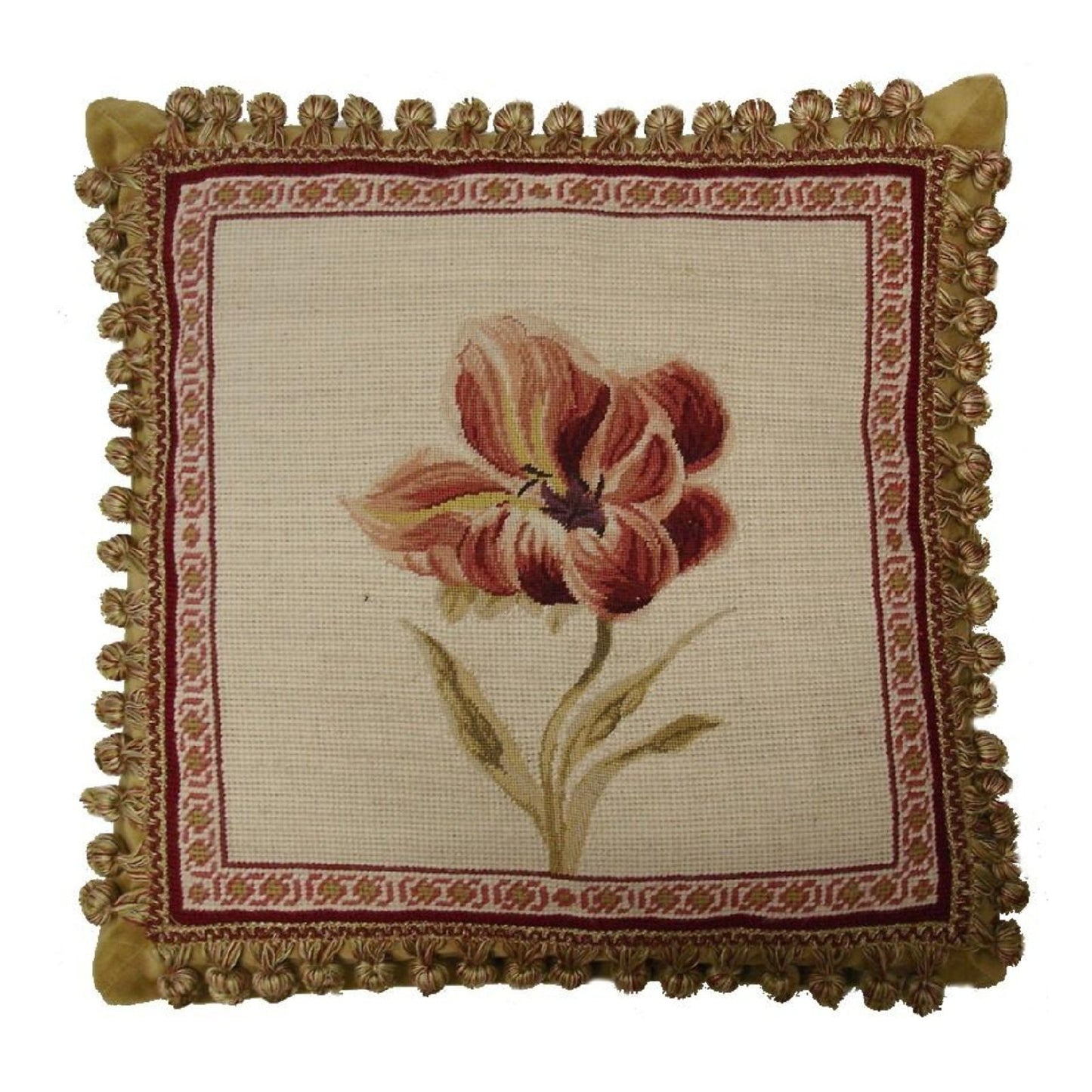 Handmade Wool Needlepoint Pillow Cover - Decorative Throw Cushion Cover - Vintage Floral Embroidery Design redPeonie Lauren Hamlton design with 2 color tassel