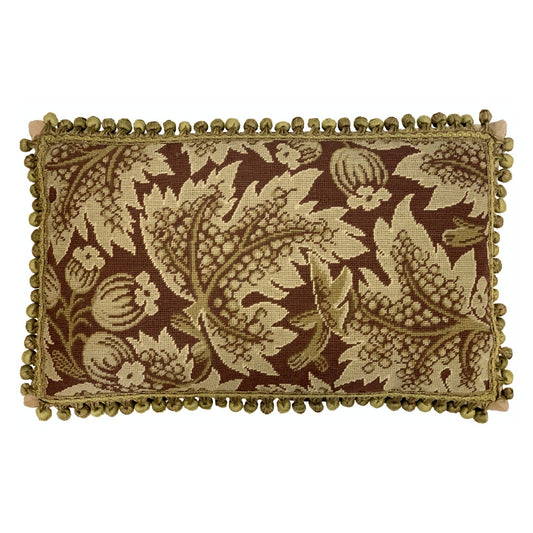 Handmade Wool Needlepoint Pillow Cover - Decorative Throw Cushion Cover - Vintage Floral Embroidery Design olive grape leaves brown background with tassels)