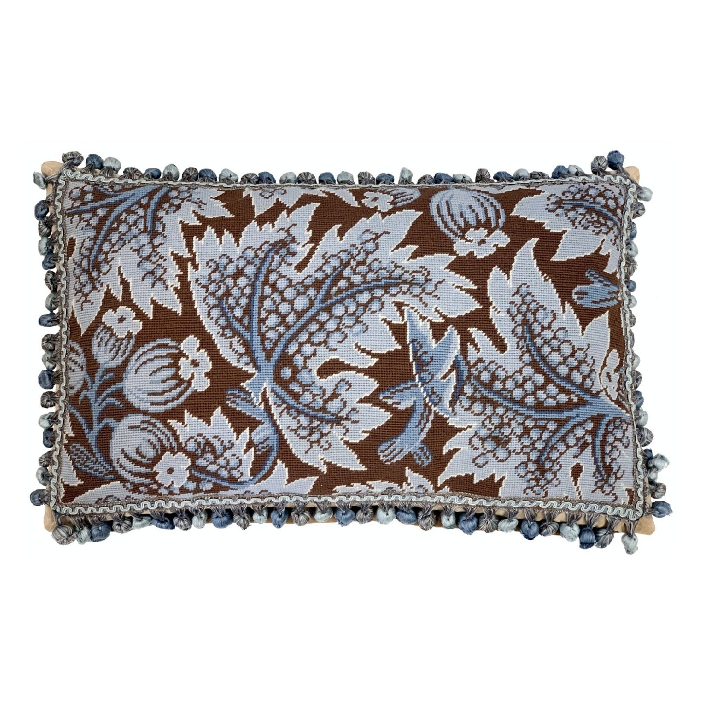 Handmade Wool Needlepoint Pillow Cover - Decorative Throw Cushion Cover - Vintage Floral Embroidery Design blue grape leaves brown background with tassels