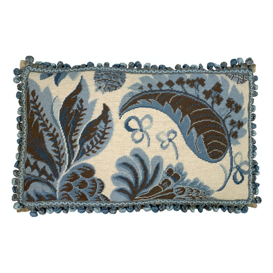 Handmade Wool Needlepoint Pillow Cover - Decorative Throw Cushion Cover - Vintage Floral Embroidery Designblue tropical leaves ivory background with tassels I