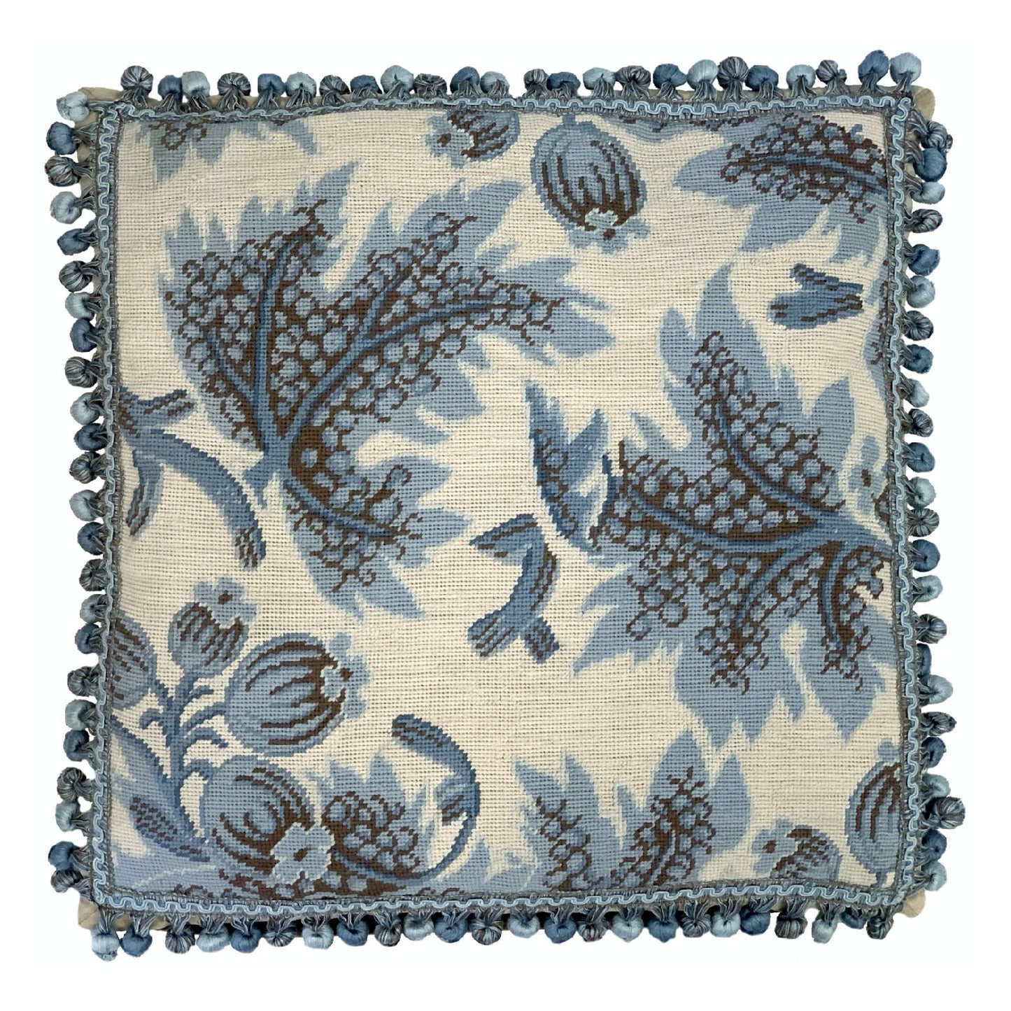 Handmade Wool Needlepoint Pillow Cover - Decorative Throw Cushion Cover - Vintage Floral Embroidery Design blue grapes leaves ivory background with tassels