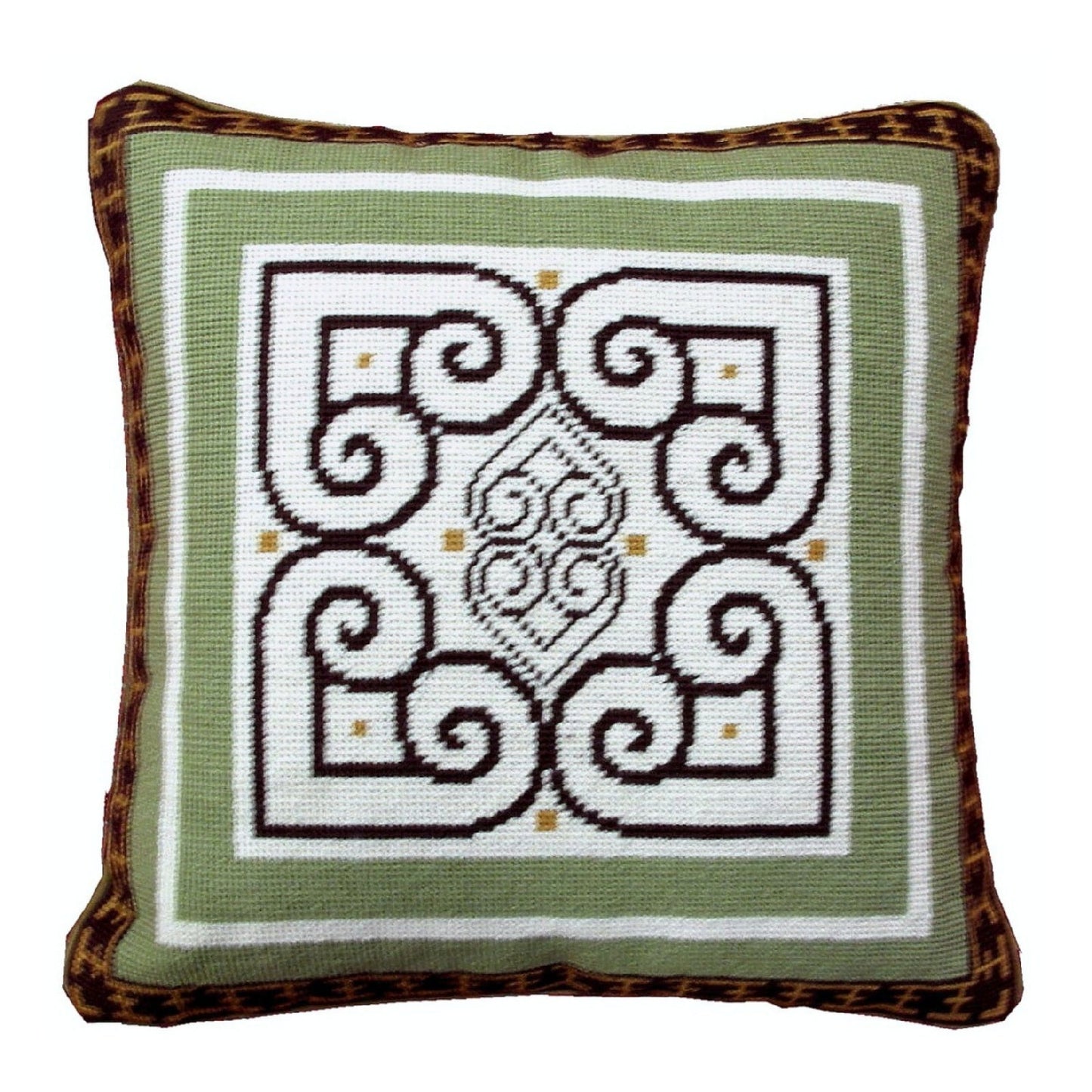 Handmade Wool Needlepoint Pillow Cover - Decorative Throw Cushion Cover - Vintage Floral Embroidery Design tapestry heartscroll design green/brown
