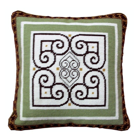 Handmade Wool Needlepoint Pillow Cover - Decorative Throw Cushion Cover - Vintage Floral Embroidery Design tapestry heartscroll design green/brown