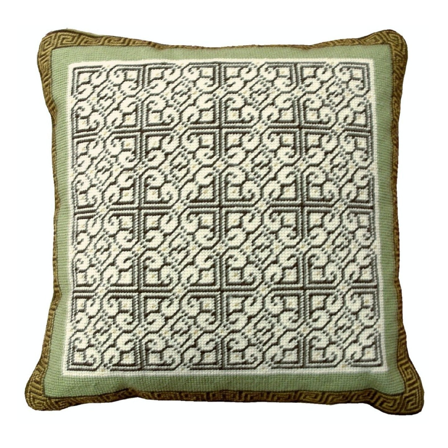 Handmade Wool Needlepoint Pillow Cover - Decorative Throw Cushion Cover - Vintage Floral Embroidery Design tapestry heartscroll multi design green/brown