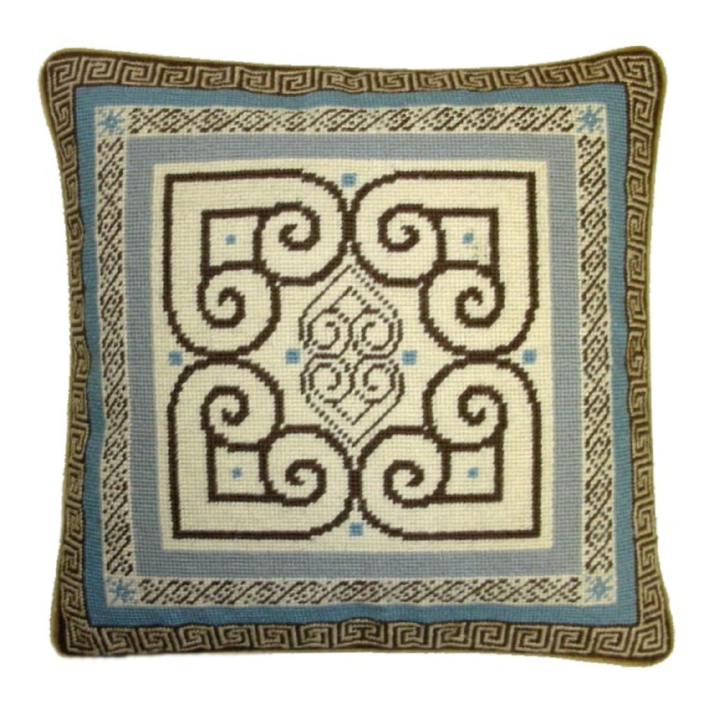 Handmade Wool Needlepoint Pillow Cover - Decorative Throw Cushion Cover - Vintage Floral Embroidery Design blue/brown heartscroll design