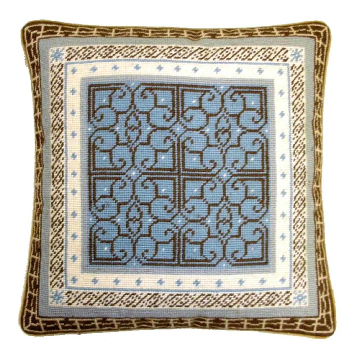 Handmade Wool Needlepoint Pillow Cover - Decorative Throw Cushion Cover - Vintage Floral Embroidery Design blue/brown heartscroll multi design