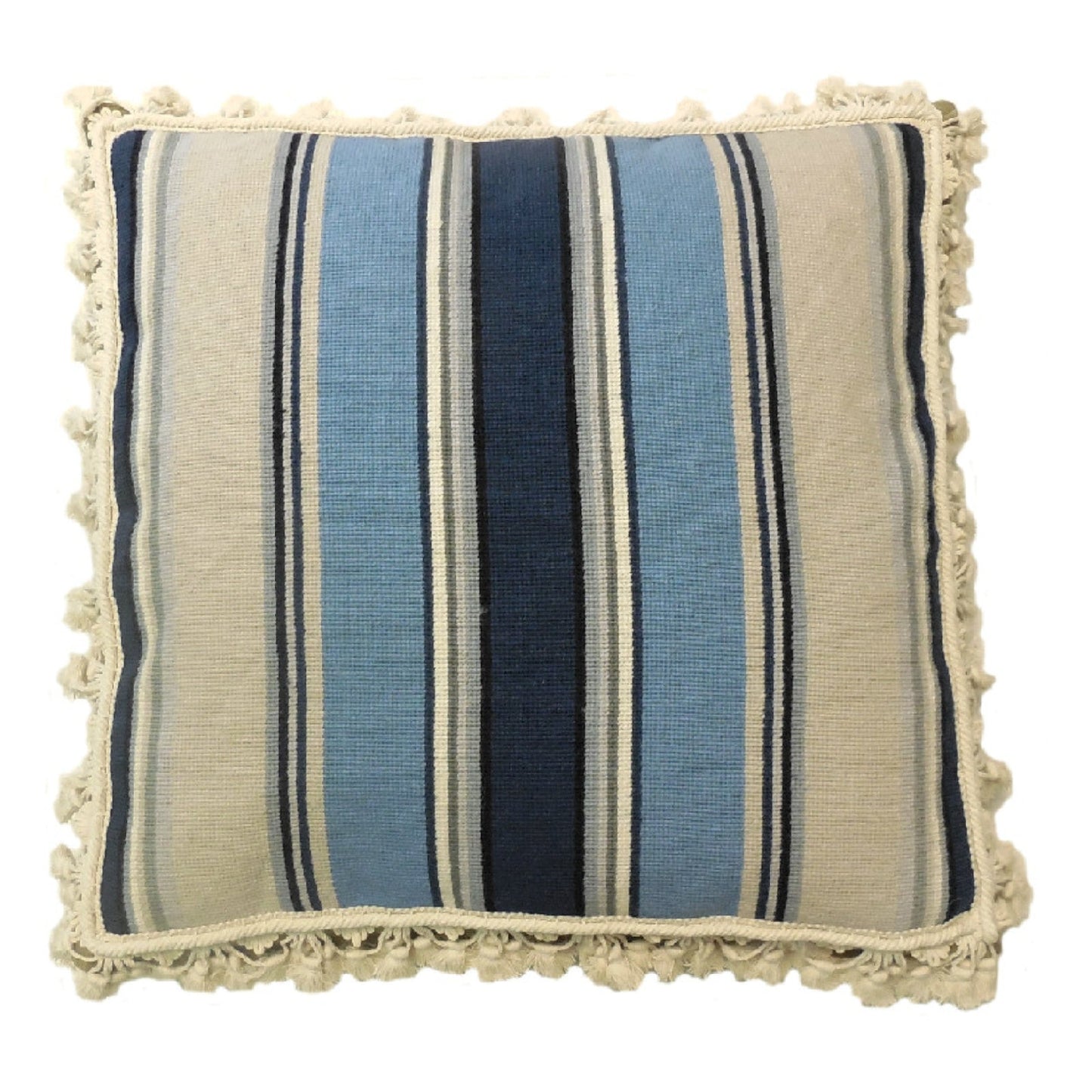 Handmade Wool Needlepoint Pillow Cover - Decorative Throw Cushion Cover - Vintage Floral Embroidery Design square in blue/navy/ivory/sand with tassels