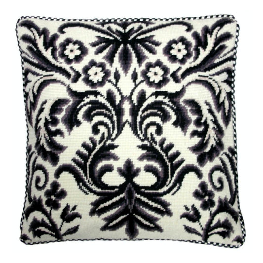 Handmade Wool Needlepoint Pillow Cover - Decorative Throw Cushion Cover - Vintage Floral Embroidery Design b/w floral deisgn with 2 color cording