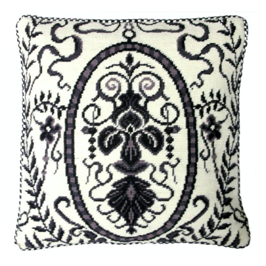 Handmade Wool Needlepoint Pillow Cover - Decorative Throw Cushion Cover - Vintage Floral Embroidery Design b/w floral in circle design with 2 color cording