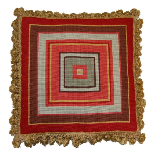 Handmade Wool Needlepoint Pillow Cover - Decorative Throw Cushion Cover - Vintage Floral Embroidery Design square in red, brown, green with golden tassels