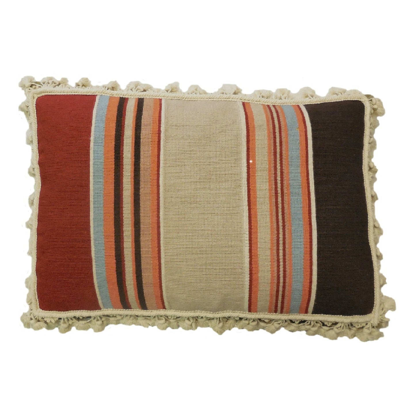 Handmade Wool Needlepoint Pillow Cover - Decorative Throw Cushion Cover - Vintage Floral Embroidery Design strips in red, blue, brown, sand, orange with tassels