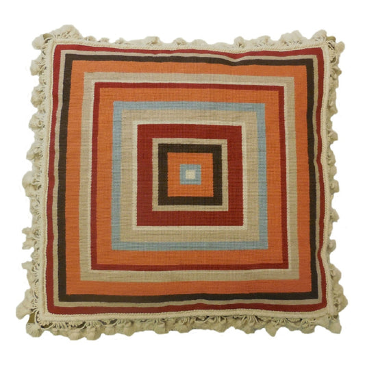 Handmade Wool Needlepoint Pillow Cover - Decorative Throw Cushion Cover - Vintage Floral Embroidery Design square in red, brown, blue, sand, salmon with tassels