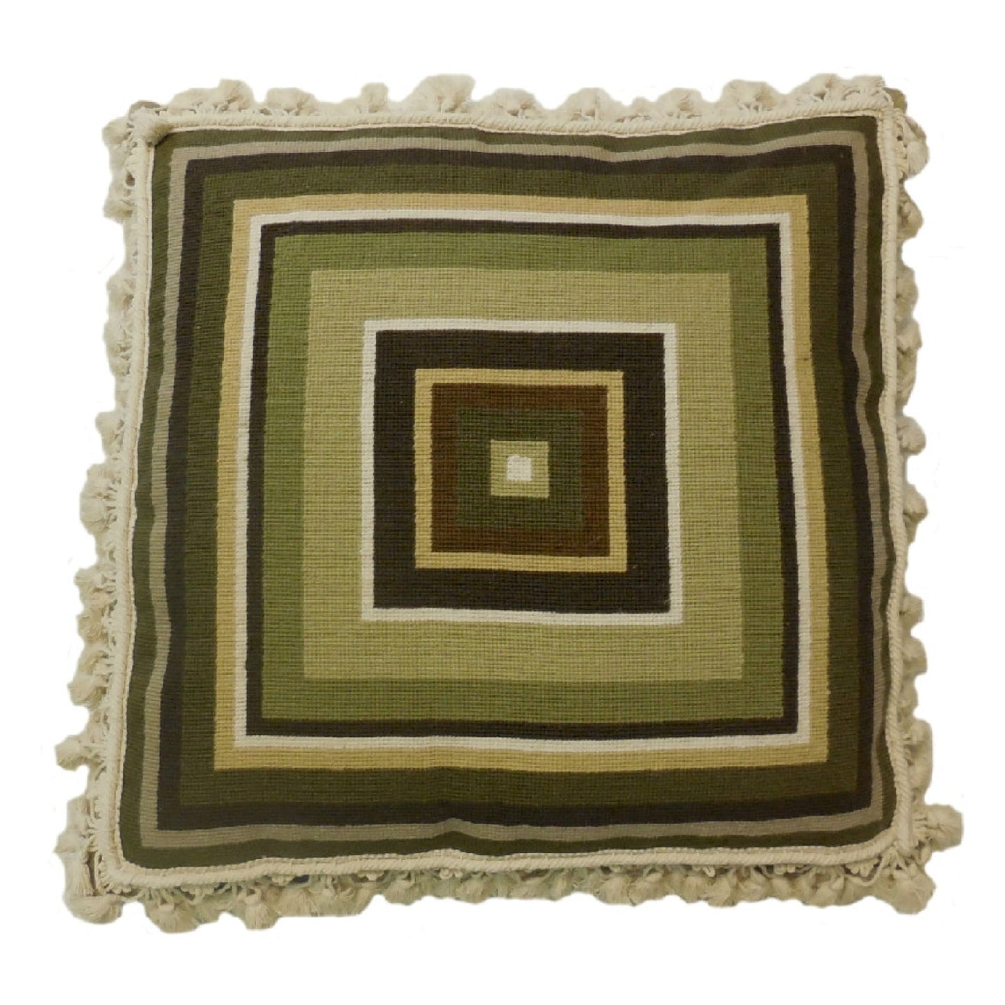 Handmade Wool Needlepoint Pillow Cover - Decorative Throw Cushion Cover - Vintage Floral Embroidery Design square in green/brown/ivory/yellow with tassels