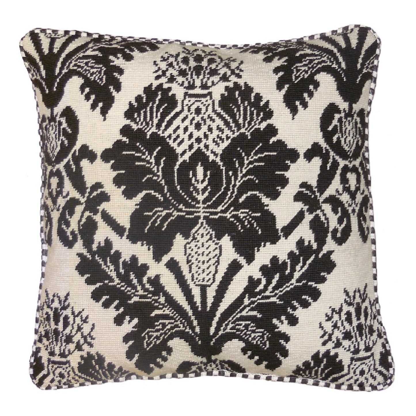 Handmade Wool Needlepoint Pillow Cover - Decorative Throw Cushion Cover - Vintage Floral Embroidery Design brown/white with cording