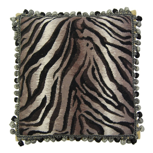 Handmade Wool Needlepoint Pillow Cover - Decorative Throw Cushion Cover - Vintage Floral Embroidery Design  Zabera animal print with bush tassel