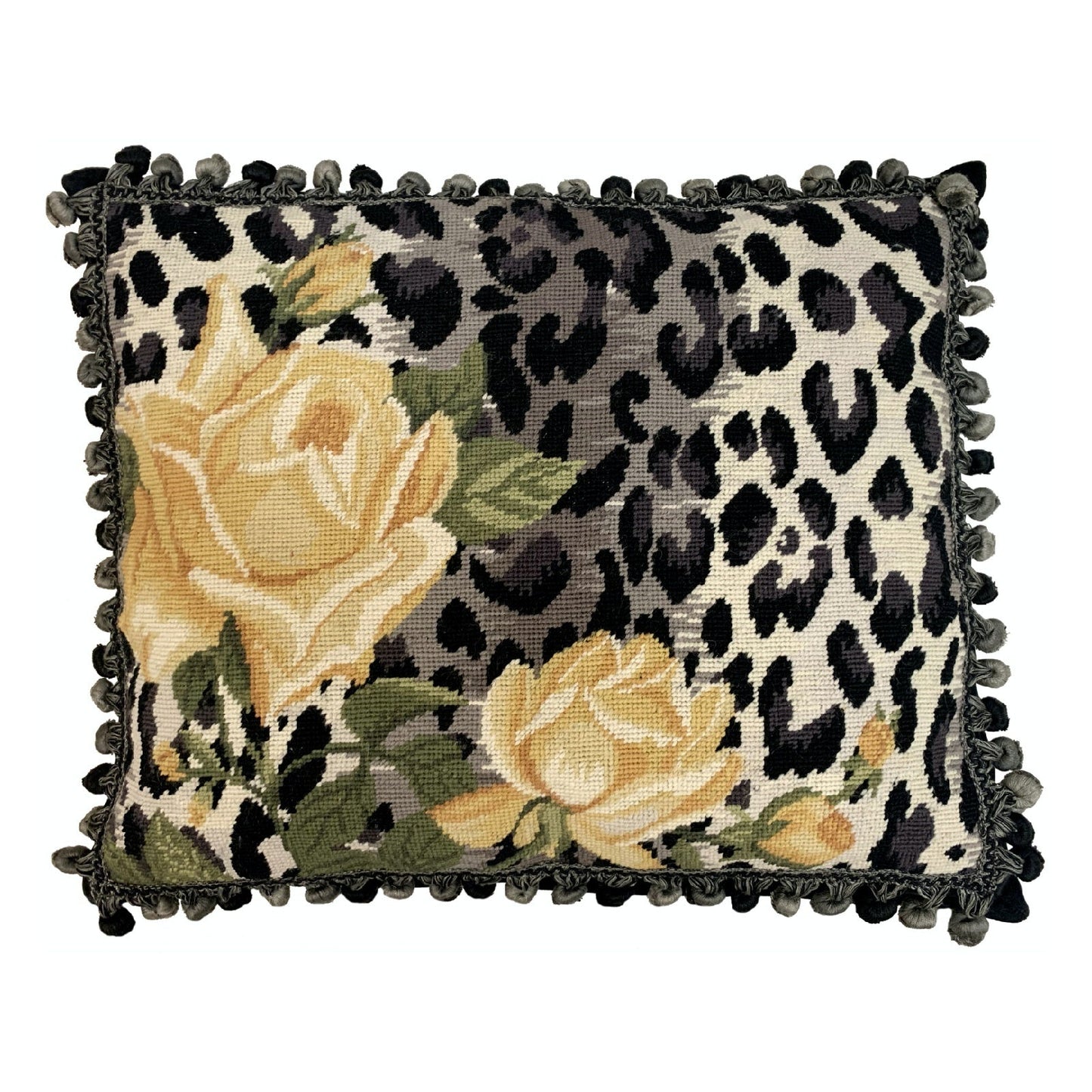 Handmade Wool Needlepoint Pillow Cover - Decorative Throw Cushion Cover - Vintage Floral Embroidery Design B/W leopard print yellow rose with 3 color tassel