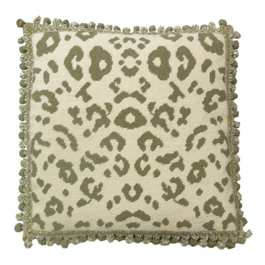 Handmade Wool Needlepoint Pillow Cover - Decorative Throw Cushion Cover - Vintage Floral Embroidery Design celery green animal print with tassels