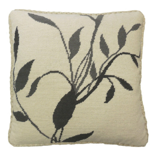 Handmade Wool Needlepoint Pillow Cover - Decorative Throw Cushion Cover - Vintage Floral Embroidery Design gray/black leaves off-white background with checker cording