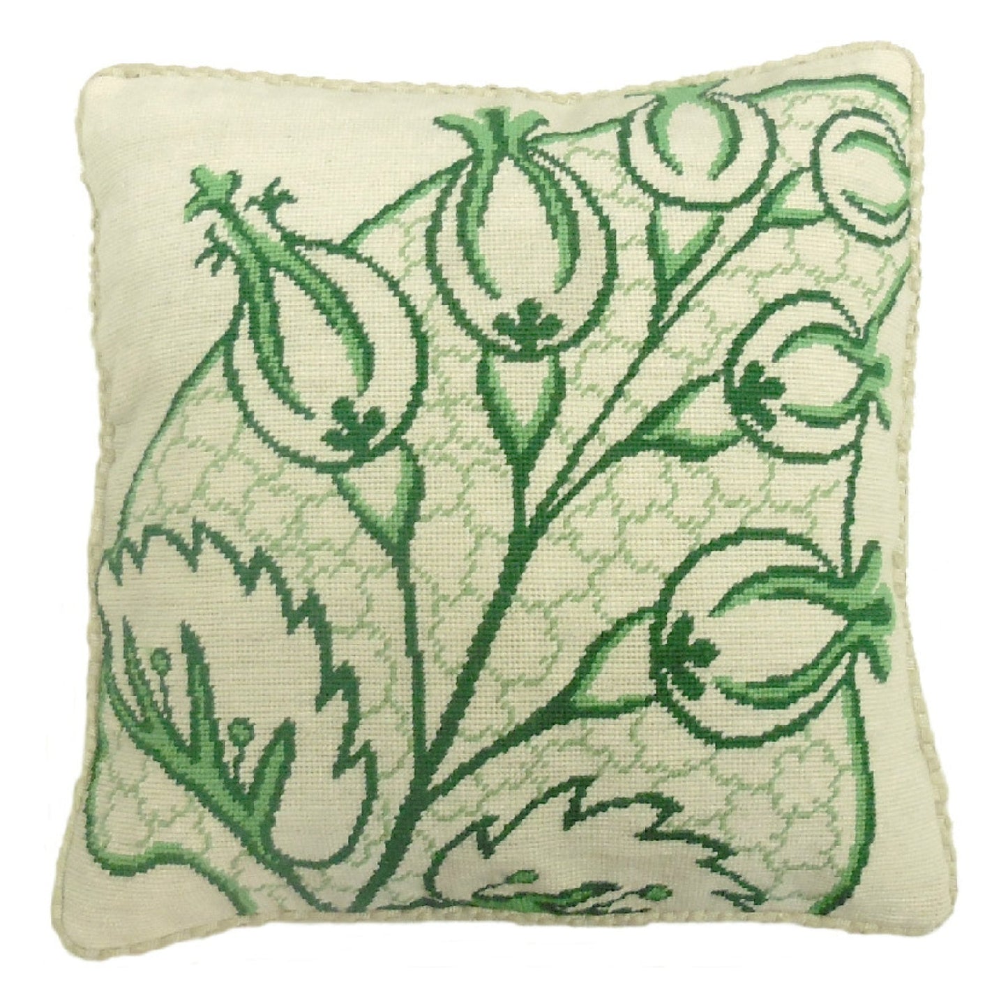 Handmade Wool Needlepoint Pillow Cover - Decorative Throw Cushion Cover - Vintage Floral Embroidery Design green big leaves/flowers checker cording
