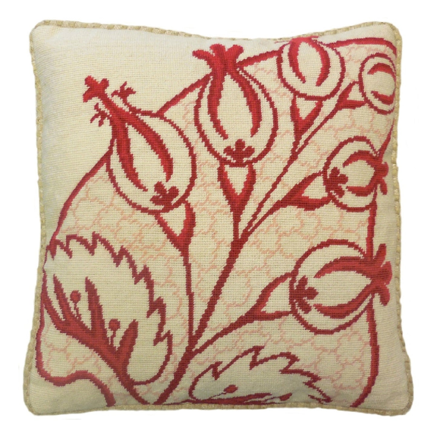Handmade Wool Needlepoint Pillow Cover - Decorative Throw Cushion Cover - Vintage Floral Embroidery Design red big leaves/flowers checker cording