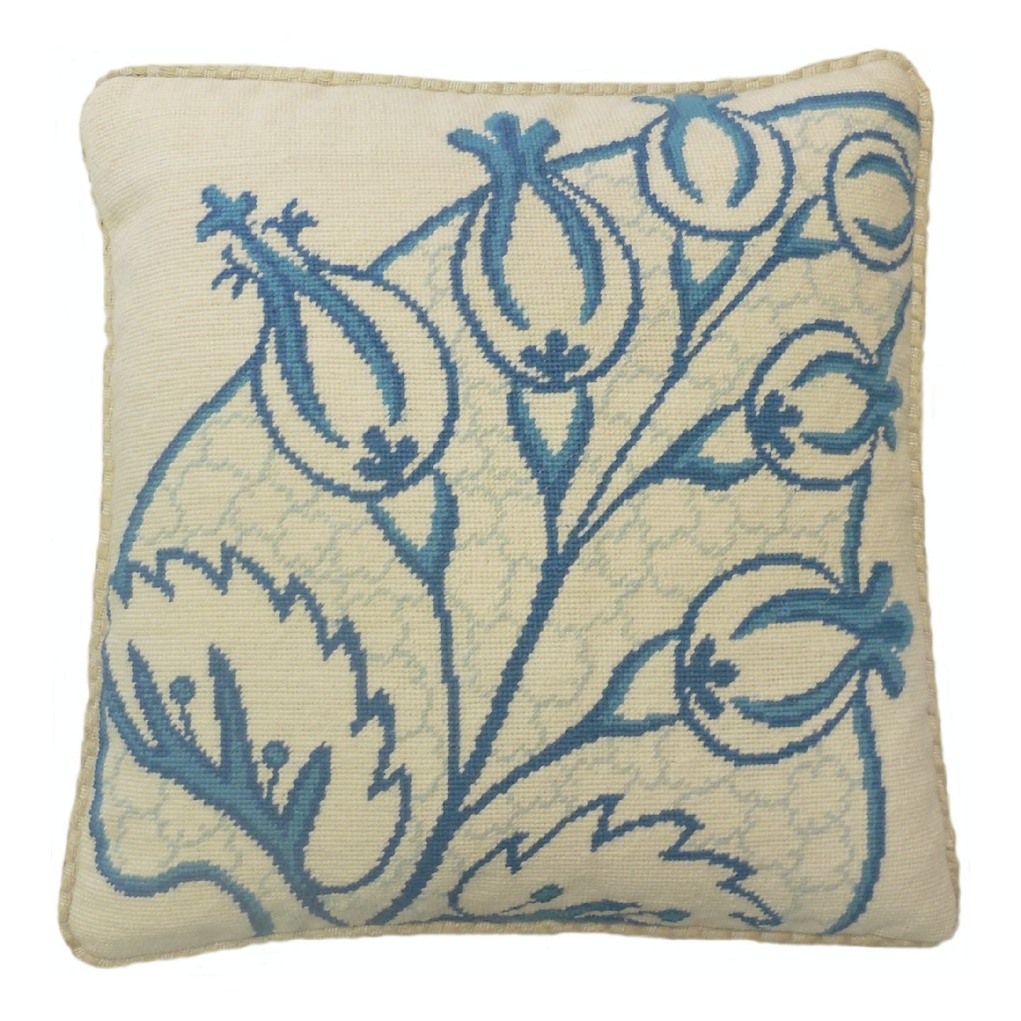 Handmade Wool Needlepoint Pillow Cover - Decorative Throw Cushion Cover - Vintage Floral Embroidery Design blue big leaves/flowers checker cording