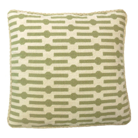 Handmade Wool Needlepoint Pillow Cover - Decorative Throw Cushion Cover - Vintage Floral Embroidery Design limeGreen lines checker cording