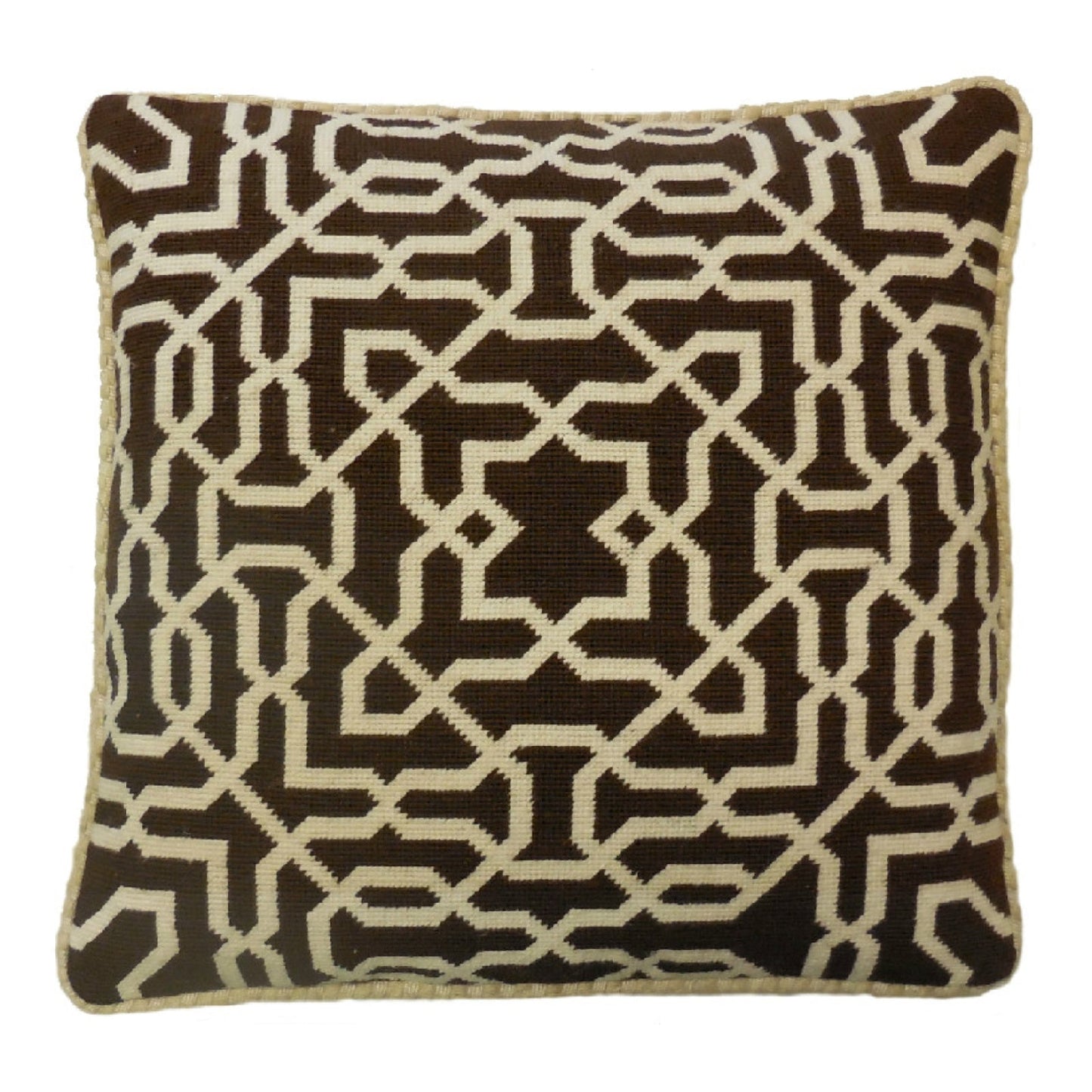 Handmade Wool Needlepoint Pillow Cover - Decorative Throw Cushion Cover - Vintage Floral Embroidery Design brown small window designs checker cording