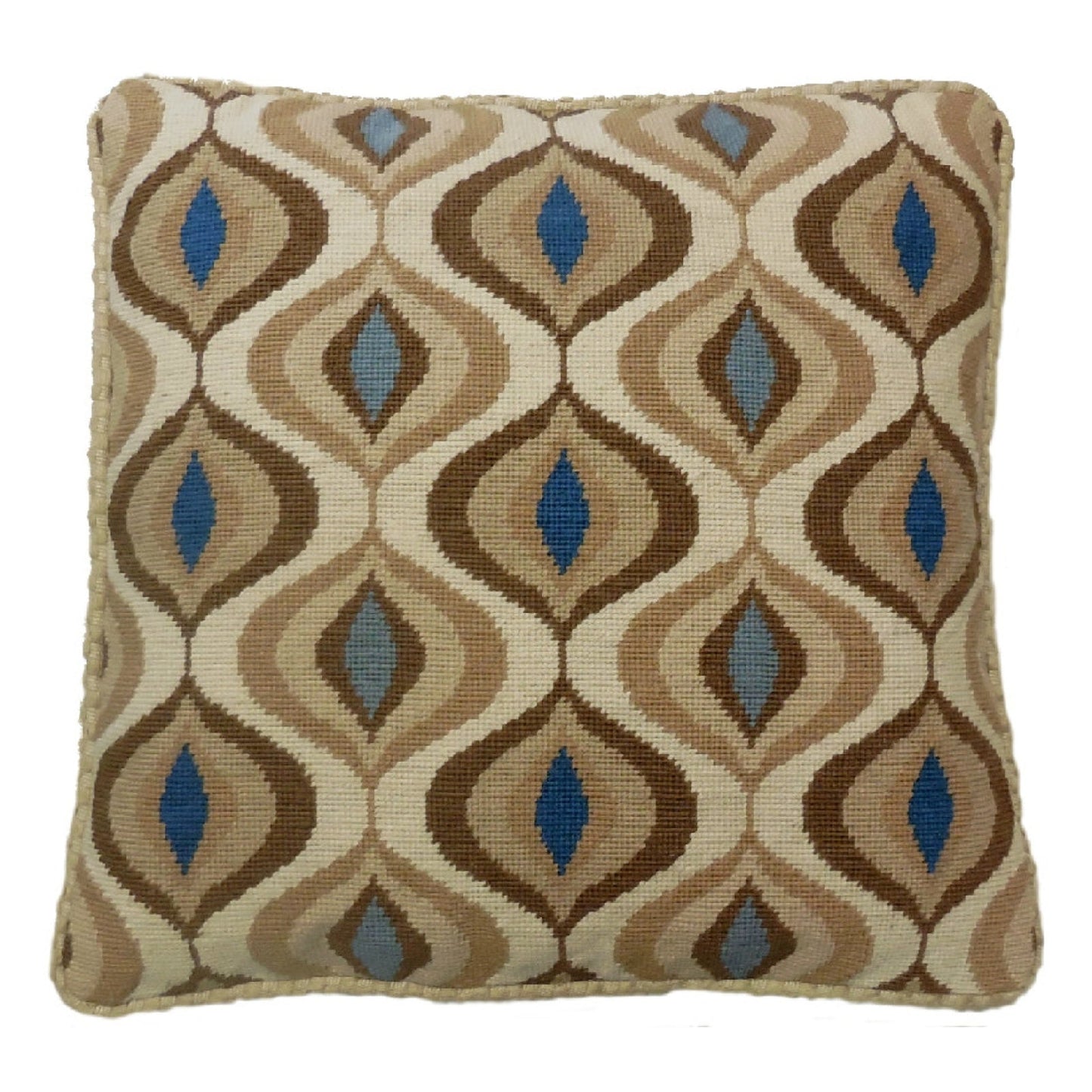 Handmade Wool Needlepoint Pillow Cover - Decorative Throw Cushion Cover - Vintage Floral Embroidery Design brown water drop pattern with checker cording