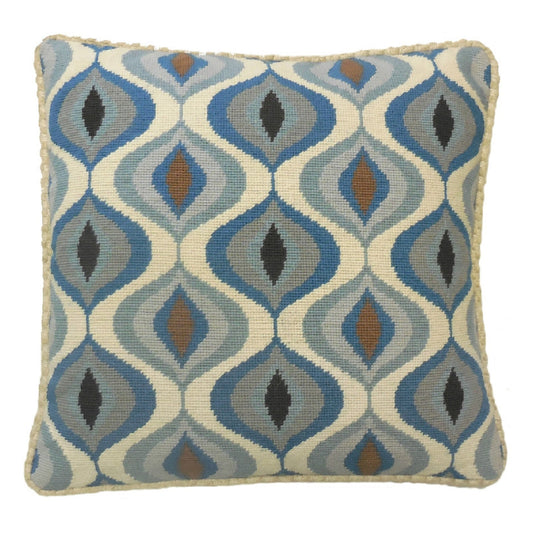 Handmade Wool Needlepoint Pillow Cover - Decorative Throw Cushion Cover - Vintage Floral Embroidery Design blue water drop pattern checker cording