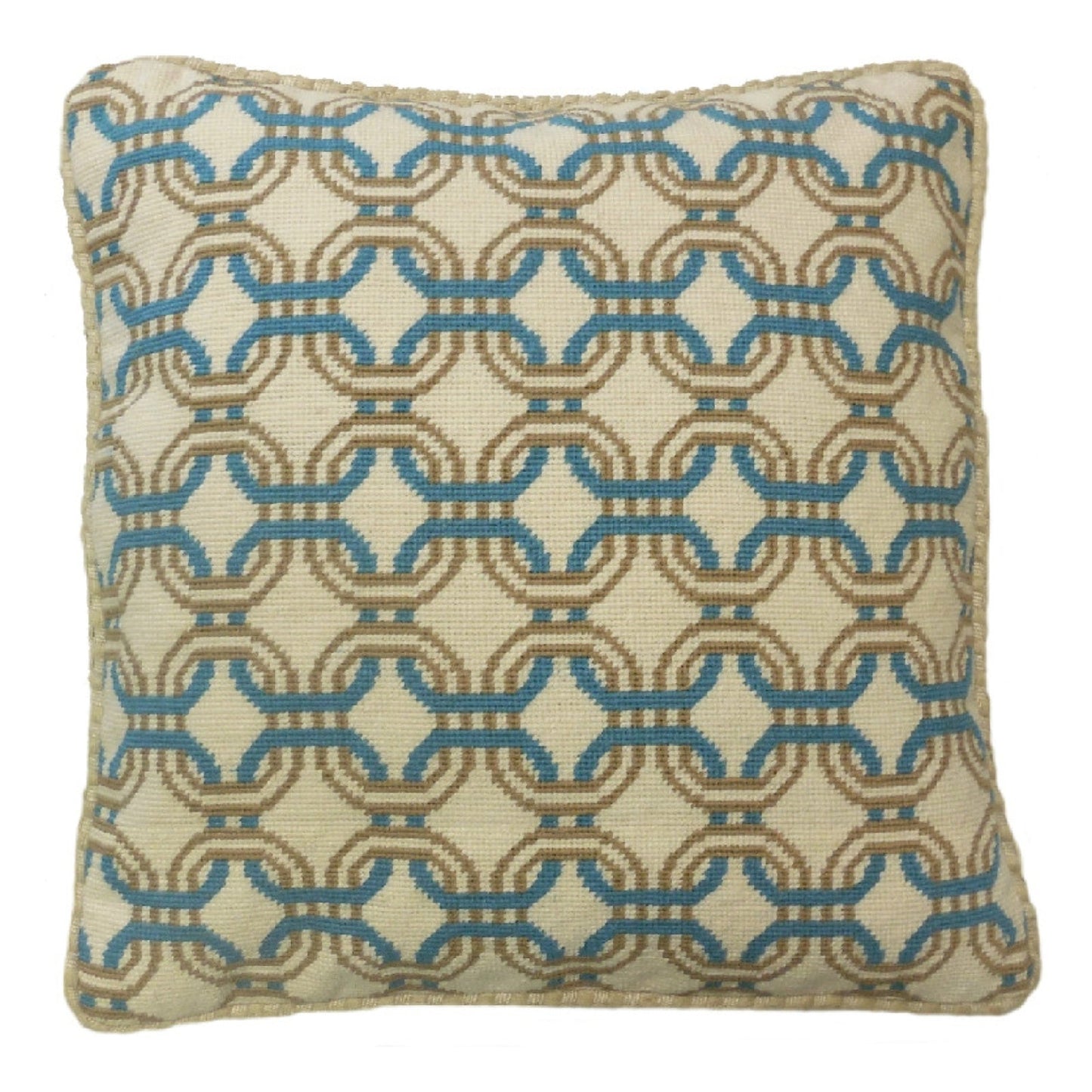 Handmade Wool Needlepoint Pillow Cover - Decorative Throw Cushion Cover - Vintage Floral Embroidery Design chain circle lake blue/mustard yellow checker cording