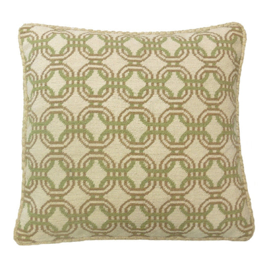 Handmade Wool Needlepoint Pillow Cover - Decorative Throw Cushion Cover - Vintage Floral Embroidery Design chain circle lime green/mustard yellow checker cording