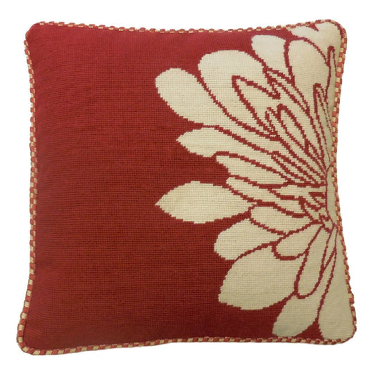 Handmade Wool Needlepoint Pillow Cover - Decorative Throw Cushion Cover - Vintage Floral Embroidery Design half flower red back checker cording