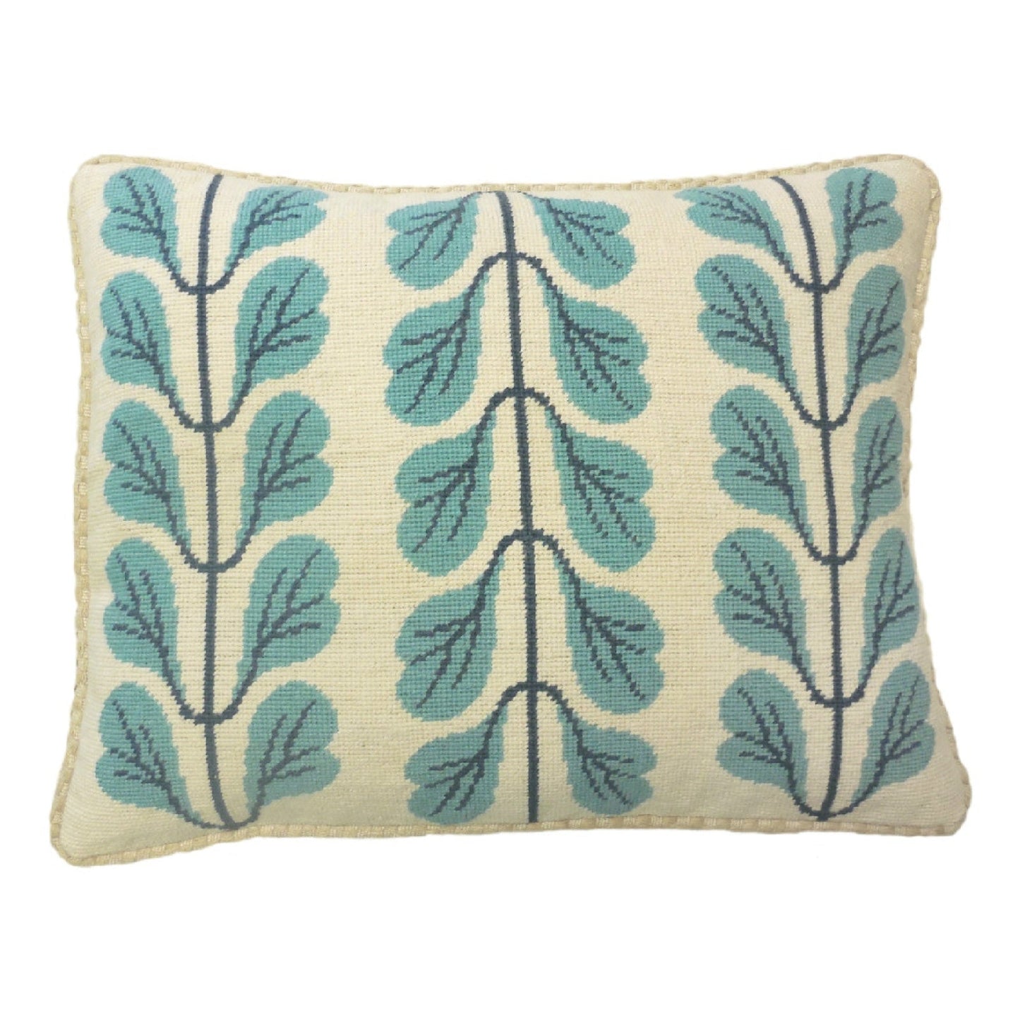 Handmade Wool Needlepoint Pillow Cover - Decorative Throw Cushion Cover - Vintage Floral Embroidery Design 3 lines blue leaves checker cording