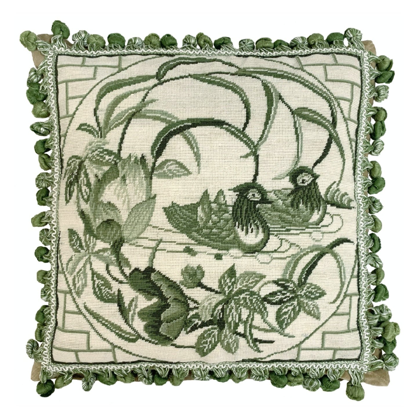 Handmade Wool Needlepoint Pillow Cover - Decorative Throw Cushion Cover - Vintage Floral Embroidery Design  green Manderain Ducks lotus flower with tassels